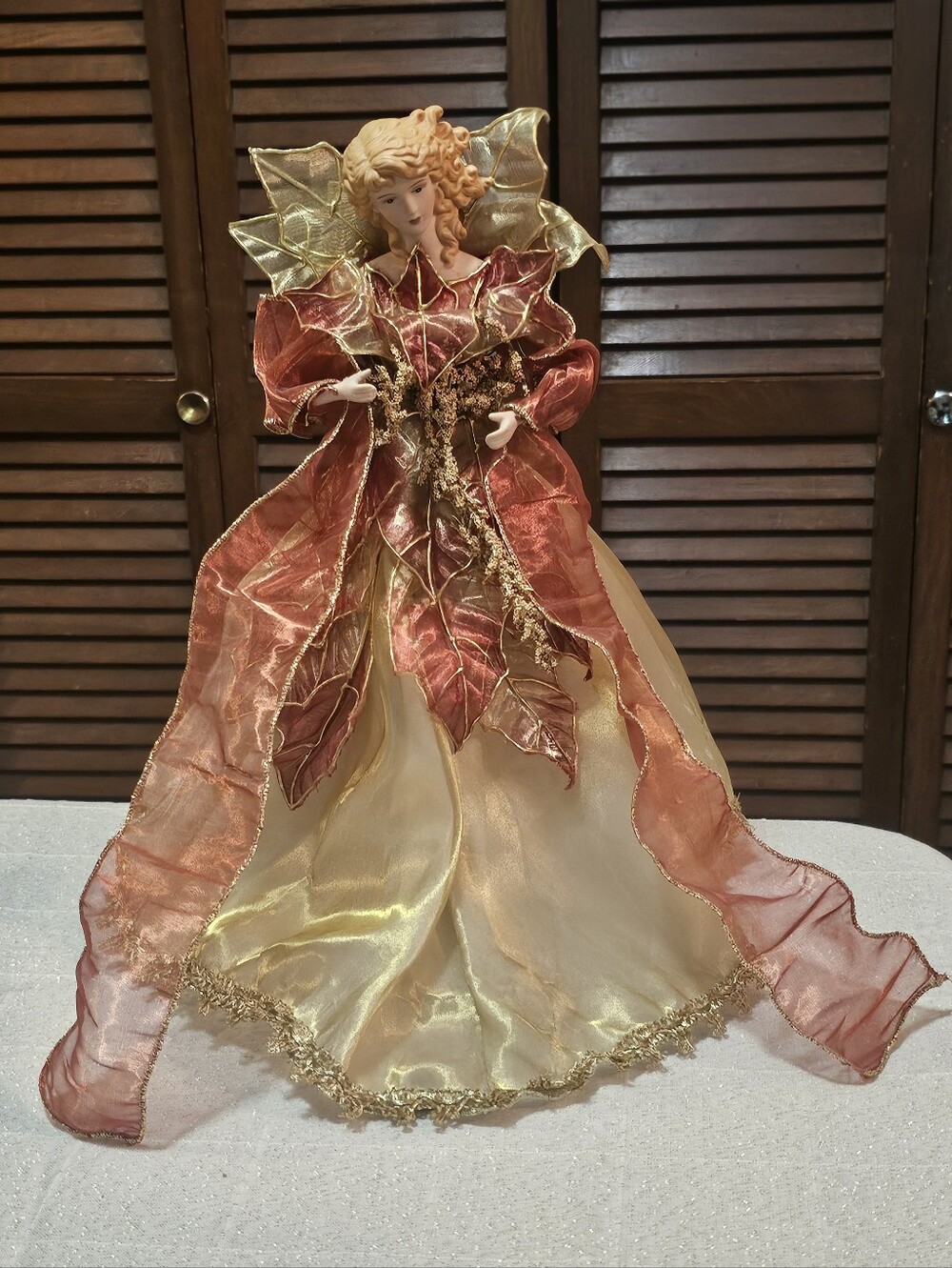 Vintage Porcelain Face & Hands Angel Tree Topper | Gold & Red Christmas Decor